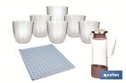 Pack de jarra de vidrio borosilicato, 6 vasos de vidrio y hule antimanchas | Disponible en diferentes colores y diseños - Cofan